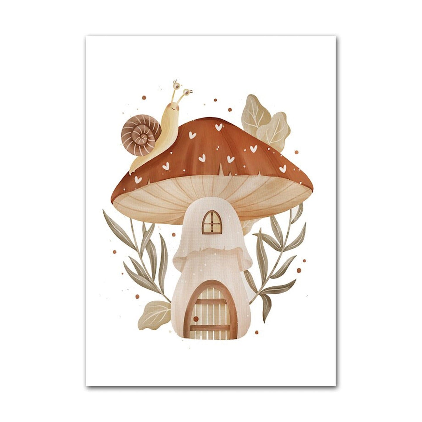 Poster Kinder süße Tiere im Boho Stil Bär Eichhörnchen Schnecke Pilzhaus und Blumen als Deko Print ohne Rahmen